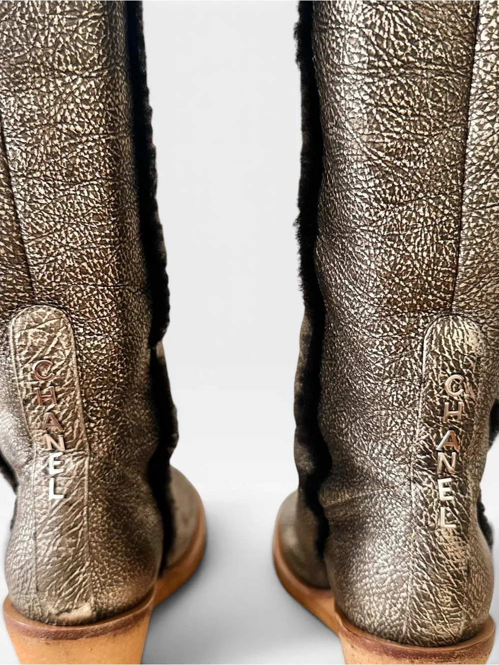 Chanel Karl Lagerfeld Rare Distressed Metallic Sheepskin Shearling Wedge Boot 40